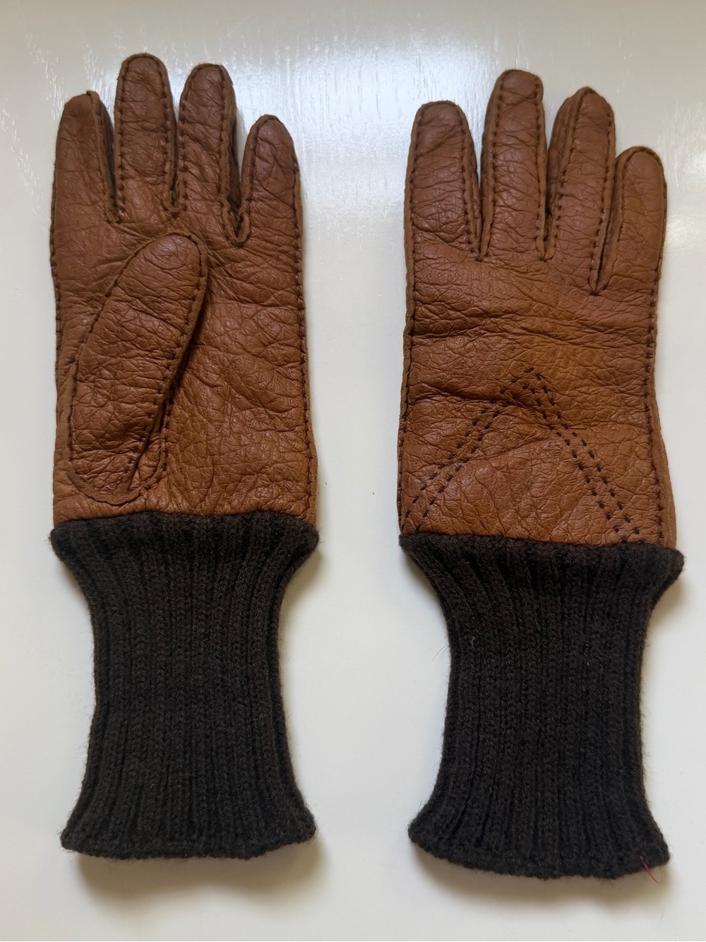 Saks Fifth Avenue Vintage Leather Gloves Tan Soft Knit Cuffs Aspen Size 6.5